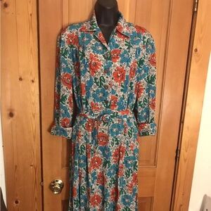 Vintage Hand Made Silk Dress 60s Blue & Red Small